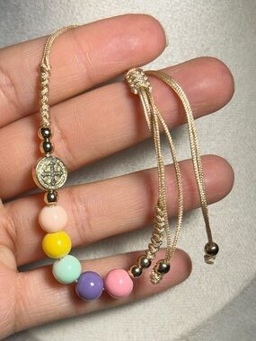 Saint Benedict Gold Adjustable Bracelet with Pastel Beads